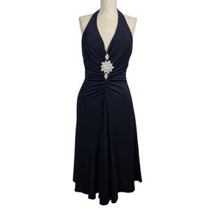 La Femme Dress 2 Black Stretch Ruched Jeweled Sleeveless Evening Occasion Halter